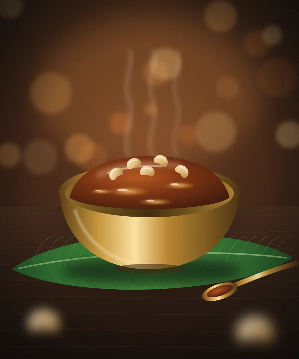 A brass bowl of glossy Tirunelveli halwa topped with cashews, on a banana leaf