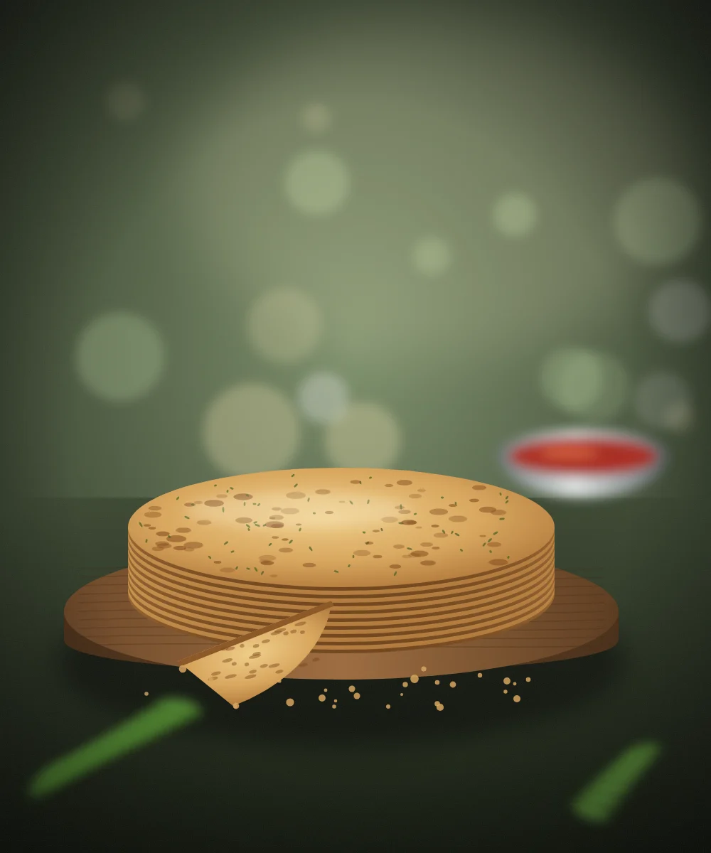 A stack of golden methi khakhra on a wooden board with a broken wedge