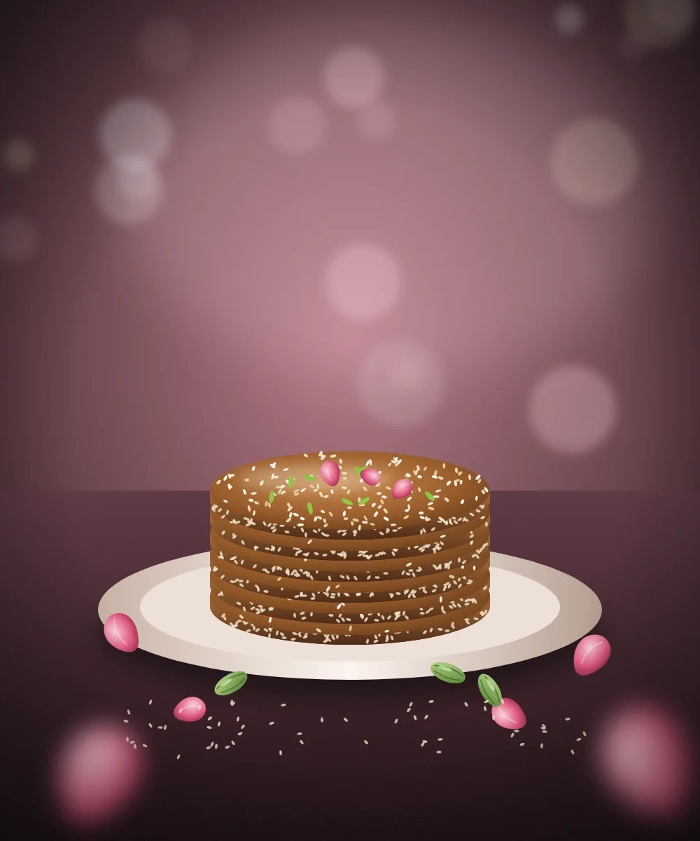 A stack of sesame tilkut discs with rose petals and cardamom pods